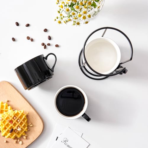 10oz Porcelain Stackable Coffee Mugs and Metal Stand Set of 4, Espresso Cups Set for Hot Drinks, Cappuccino, Tea-Black - color: Black