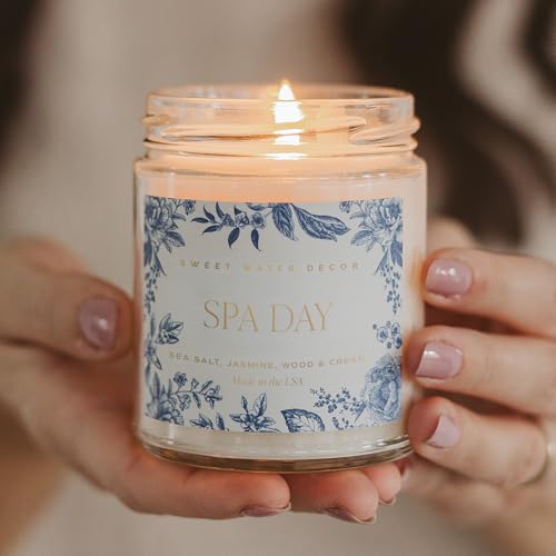 Sweet Water Decor Spa Day Patterned Candle – Soy Candles with Sea Salt, Jasmine, Wood, Cream Aroma– 40 Hour Burn – 9oz Clear Glass Jar – Ideal for Valentines Presents or Any Special Occasion - style: Spa Day
