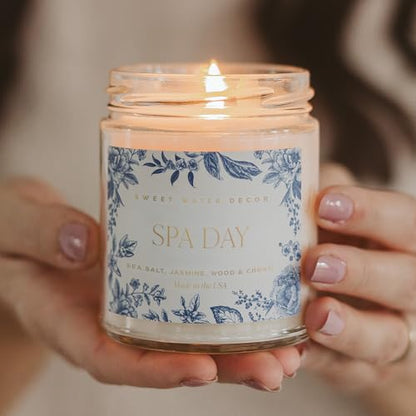 Sweet Water Decor Spa Day Patterned Candle – Soy Candles with Sea Salt, Jasmine, Wood, Cream Aroma– 40 Hour Burn – 9oz Clear Glass Jar – Ideal for Valentines Presents or Any Special Occasion - style: Spa Day