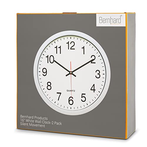 Bernhard Products White Wall Clocks, 2 Pack Silent Non Ticking - 16 Inch Extra Large Quality Quartz Battery Operated Round Easy to Read Home/Office/Business/Kitchen/Classroom/School Clock, Black Hands - color: White, size: 16 Inch - 2 Clocks