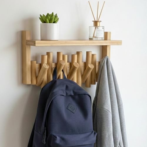Bamboo Wall Mounted Coat Rack with Shelf Flip Down Wooden Hooks for Entryway Hallway Bedroom | Natural Piano Hanger, 5 Hooks, Space Saving Organizer - color: Natural Bamboo, size: 5-Hook with Shelf