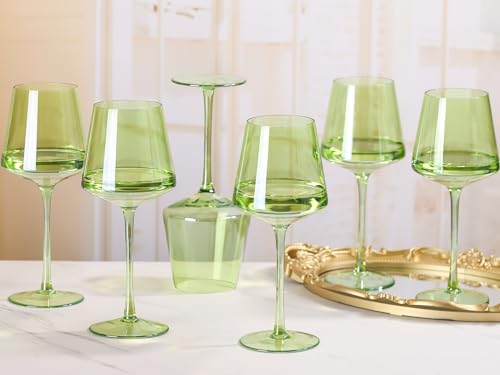 Physkoa Green Wine Glasses Set of 6-16oz Hand Blown Crystal Colorful Wine Glasses with Long Stem, Spring Wine Glass for Wine Lovers, Wedding, Birthday, St Patrick's Day Gifts - color: Green