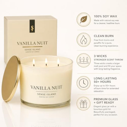 Luxury Vanilla Soy Candles, Large 3 Wick Jar Candle for Home | Up To 50 Hours Burn | 100% Natural Soy Wax, Beige Glass with Gold Lid, Luxury Gift for Women | Creamy Vanilla Scented