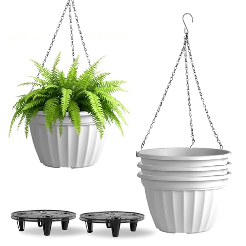 FGstyle Hanging Planters 10 Inch 4 Pack,Hanging Baskets for Plants Outdoor | Self Watering Plastic Hanging Flower Pots with Soil Elevator and 20" Chain for Home Garden Porch Balcony Patio Decor(White) - color: White, size: 10 inch-4 pack