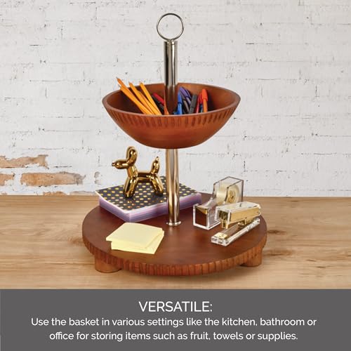 Gourmet Basics by Mikasa Hamden Mango Wood 2-Tier Serving Fruit Basket and Platter – Kitchen Countertop and Buffet Table Stand for Elegant Fruit Display