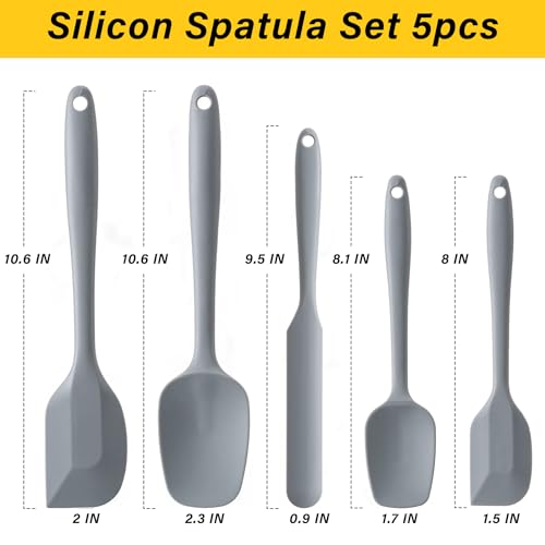 Silicone Spatula Set,5 Piece Food Grade Rubber Spatulas,Grey | Spatulas Silicone Heat Resistant for Baking,Cooking,and Mixing High Heat Resistant Non Stick Dishwasher Safe BPA-Free - color: Gray
