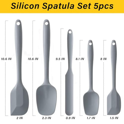 Silicone Spatula Set,5 Piece Food Grade Rubber Spatulas,Grey | Spatulas Silicone Heat Resistant for Baking,Cooking,and Mixing High Heat Resistant Non Stick Dishwasher Safe BPA-Free - color: Gray