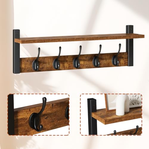 47.2" Coat Rack Wall Mount with Shelf and 10 Hooks, Rustic Brown UHWS004H-2 | 2 Pack Coat Hooks Wall Mount, Wood Wall Mounted Coat Rack with Hooks, Coat Hanger Wall Mount, Wall Hooks for Hanging - color: Rustic Brown