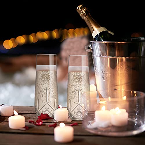 SHOSHIN Stemless Champagne Flutes Crystal, Hand Cut Champagne Glasses Set of 4, 9.5 Oz Champagne Toasting Glasses, Handmade Gift for Birthday, Wedding, Anniversary - color: Classic
