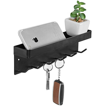 MyGift Wall Mounted Black Metal Key Rack for Wall Entryway with Mail Holder and Catchall Accessories Shelf