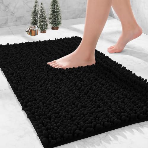 Bathroom Rugs Non Slip Washable 36x24, Extra Thick Soft Chenille Absorbent Bath Mat, High Density Barrier Non Slip Backing, Quick Dry Plush Shaggy Floor Carpet for Tub&Shower, Black - color: Black, size: 36" X 24"(Bathroom Rug)