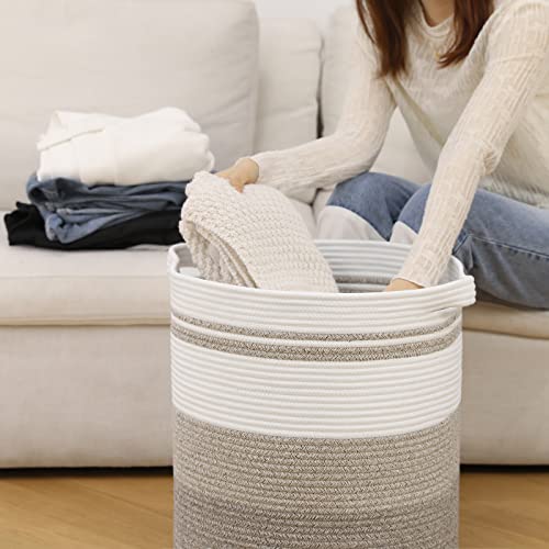 OIAHOMY 58L Laundry Baskets-Laundry Hamper, Storage Basket with Handles, Decorative Basket for Living room, Woven Storage Basket for Toys Bin, Pillows, Blankets, Clothes-18x16in-Gradient Brown | Tall Dirty Clothes Hamper with Handle,Blanket Basket,Decorat