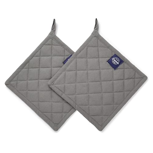 Encasa XO Pot Holders, Quilted Kitchen Hot Pads 8"x8" Grey | 100% Heavyweight Cotton | Quilted Insulation | Multipurpose Trivets & Hot Pads | Hanging Loop | Set of 2 - color: Grey.