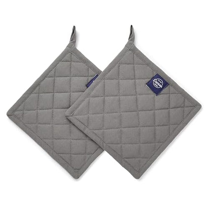Encasa XO Pot Holders, Quilted Kitchen Hot Pads 8"x8" Grey | 100% Heavyweight Cotton | Quilted Insulation | Multipurpose Trivets & Hot Pads | Hanging Loop | Set of 2 - color: Grey.