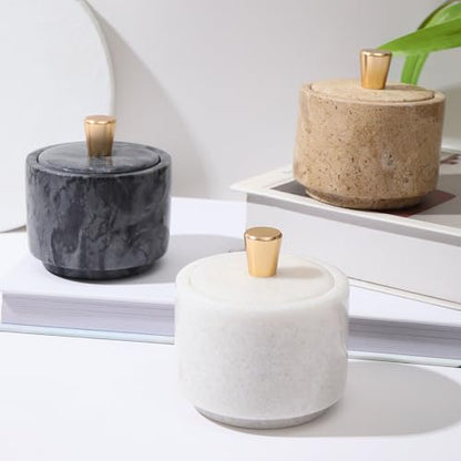 Marble Salt Cellar with Lid and Brass Knob 3.15" Spice box Salt Container Seasoning Jar for Kitchen tone Salt Holder for Counte-Ideal for Sea Salt, Spices and Herbs (White) - color: White
