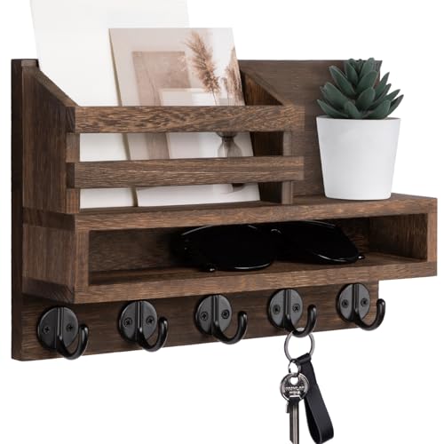 Key and Mail Holder Wall Mount, Key Hanger with Long Storage Box and 5 Hooks for Coat, Dog Leash, Home Decor Rack, House Accessories, Entry Way Organizer 11.8”W x 7.8”H x 3.2”D | Key Hanger with Mail Slot, 5 Key Hooks for Coat, Dog Leash, Home Decor Rack,