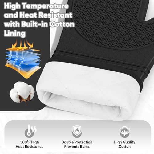 Silicone Oven Mitts, Heat Resistant Oven Gloves with Quilted Liner, Waterproof & Non-Slip Kitchen Mittens for Baking Cooking BBQ, 500°F, 12.5"-Black - color: Black