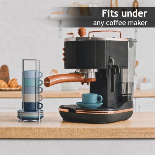 MIAMIO - 6 x 2.5 oz Stoneware Espresso Mug, Cup Set Modern with Stand and Saucers - Palmanova Collection (Ocean Blue) - color: Ocean Blue