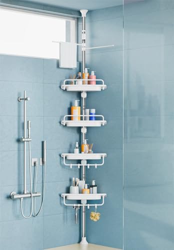XLHOMO 32-122inch Corner Shower Caddy Tension Pole White, Rustproof Drill-Free Shower Shelves for Bathroom Bathtub Washbasin, Adjustable Shower Organizer with 4 Tier Patent Stable Shelves & Towel Bars - color: White