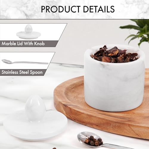 Marble Salt Cellar with Lid 4" Inch White Handmade Salt Jar & Table Salt Storage For Kitchen Countertop, Ideal Salt Container, Salt Dish & Sugar Bowl For Table - color: White