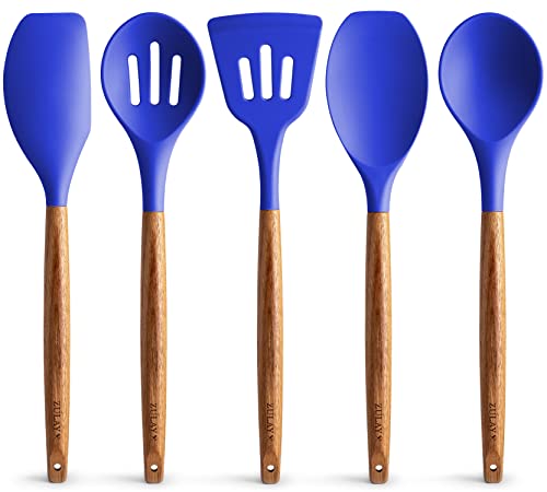 Zulay Kitchen 5 Piece Silicone Utensil Set | Non-Stick Silicone Cooking Utensils Set with Acacia Wood Handles - 464°F Heat Resistance Kitchen Utensils Set - Dark Blue - color: Royal Blue, size: 5-Piece Set
