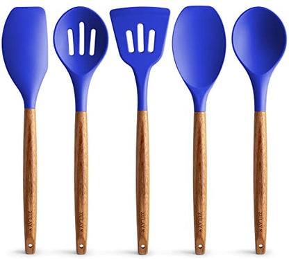 Zulay Kitchen 5 Piece Silicone Utensil Set | Non-Stick Silicone Cooking Utensils Set with Acacia Wood Handles - 464°F Heat Resistance Kitchen Utensils Set - Dark Blue - color: Royal Blue, size: 5-Piece Set
