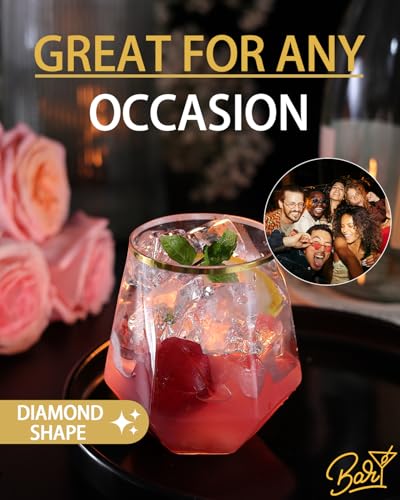 40 Pack Plastic Wine Glasses, 12 Oz Disposable Cocktail Whiskey Glasses | Gold Rimmed Diamond Stemless Champagne Margarita Glasses, Clear Unbreakable Reusable Plastic Cups for Party Wedding Birthday - color: Gold Rim-40 Pack