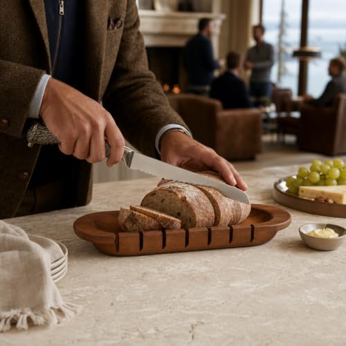 Oval Bread Board with Pewter Antler Knife - Rustic Lodge Style Cutting Board for Serving Bakery Loaves - 14.25" L x 5.25" W