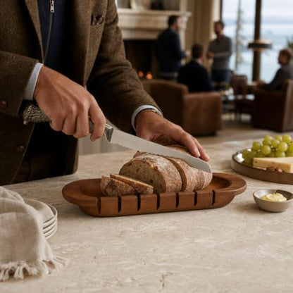 Oval Bread Board with Pewter Antler Knife - Rustic Lodge Style Cutting Board for Serving Bakery Loaves - 14.25" L x 5.25" W