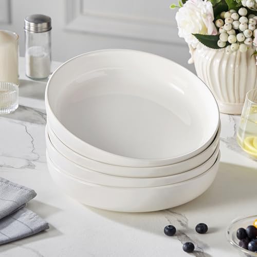 MALACASA 48 Oz Pasta Bowls Set of 4, Ceramic Salad Bowls, White | Microwave, Oven (482F), and Dishwasher Safe, For Pasta, Salad, Cereal, and Soup, 9 Inch Wide Shallow Design, Stackable, LUNA - color: White