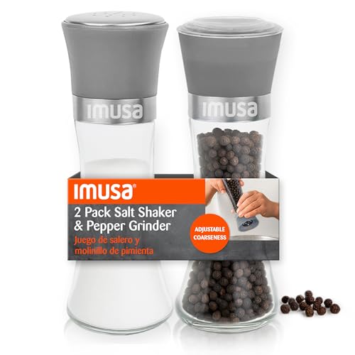 IMUSA Salt Shaker and Pepper Grinder Set, 2-Pack, Manual | Adjustable ceramic core for fine-to-coarse grinding, ergonomic grip, glass base resists stains, 6oz means fewer refills - color: Gray