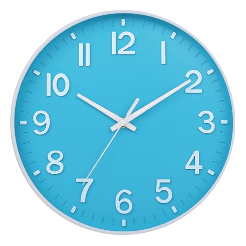 HZDHCLH Wall Clock 3D Numbers Wall ClockBattery-Powered 12-inch Silent Non-Tick Modern Wall Clock for Living Room, Bedroom, Kitchen, and Office Decoration (Blue and White) - color: Blue, size: 12 Inch