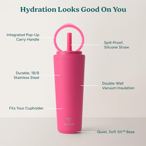 REDUCE Halo 24 oz Stainless Steel Vacuum Insulated Tumbler - Spill Proof Travel Mug with Flip Handle Lid - Keeps Drinks Cold for 32 Hrs - Dishwasher Safe - Cupholder Friendly - Dragonfruit - color: Dragon Fruit, size: 24 Ounces