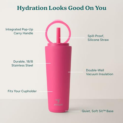 REDUCE Halo 24 oz Stainless Steel Vacuum Insulated Tumbler - Spill Proof Travel Mug with Flip Handle Lid - Keeps Drinks Cold for 32 Hrs - Dishwasher Safe - Cupholder Friendly - Dragonfruit - color: Dragon Fruit, size: 24 Ounces