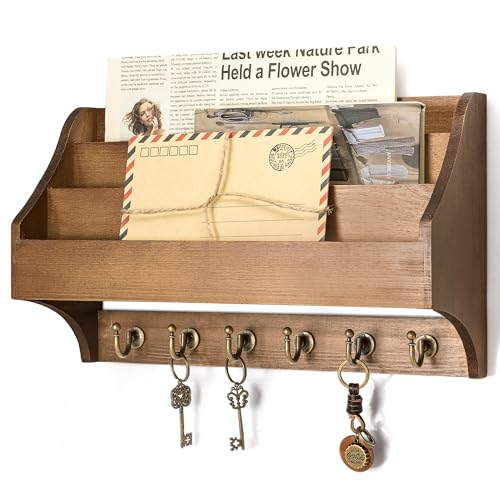Rebee Vision Mail Organizer Wall Mounted with 3 Mail Slot for Office, Brown | Pine Wood, Key Holder Wall Mount, Hanging Mail Holder for Wall, 6 Key Hooks, File Organizer, Office Decor, Home Aesthetic - color: Brown