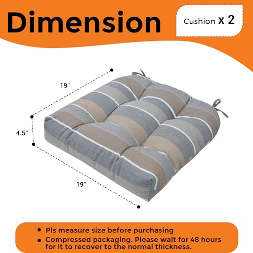 Magpie Fabrics Outdoor Tufted Seat Cushion 19"x19" Set of 2 (Grey Striped) | Waterproof Patio Chair Pads with ties Tatami Floor Pillow for Room Garden Balcony Office - color: Grey Striped