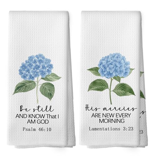 Blue Hydrangea Christian Kitchen Towels Set of 2, Baptism Gifts for Women Hand Towel, Be Still and Know That i Am God Psalm 46:10 Bible Verse Decorative Tea Towel Dish Towels 16x24 Inch - color: Color 13