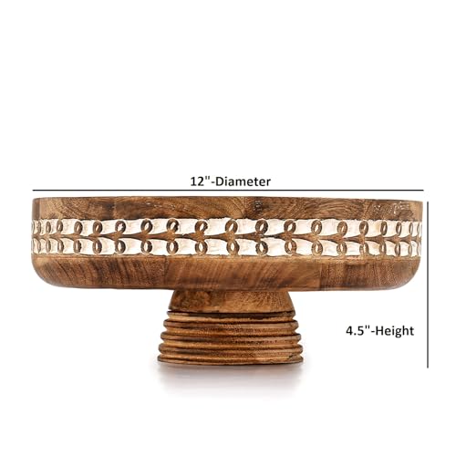 Decorative Wooden Centerpiece Bowl – Mango Wood Pedestal Dough Bowl for Entryway Table, Coffee Table & Home Décor, Large Fruit & Key Bowl (12" X 12" X 4.5")