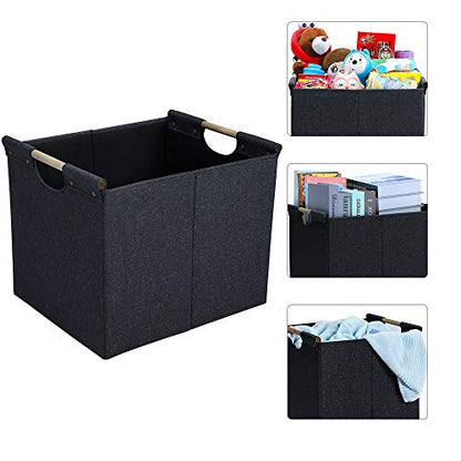 HOONEX Large Collapsible Storage Bins, Linen Fabric, 2 Pack, Storage Baskets with Wooden Carry Handles and Sturdy Heavy Cardboard, for Home, Office, Car, Nursery, Dark Grey - color: Dark Grey