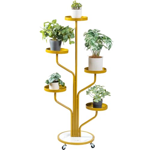 CHPHI 5 Tier Indoor Plant Stand Wrought Iron, Tall Metal Plant Stand with Wheels, Metal Rolling Plant Shelf with 5 Trays, Multi-tier Rolling Display Stand for Home and Office(Gold)