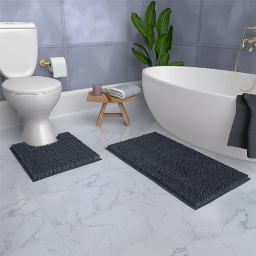 Bathroom Rugs Sets 2 Piece, Luxury Chenille Bath Mat Set, Soft Plush Anti-Slip Bath Rug + U-Shaped Toilet Mat. Microfiber Shaggy Carpet, Super Absorbent (24” x 36” & 20” x 24” U, Charcoal) - color: Charcoal, size: 2 Piece Set - Large