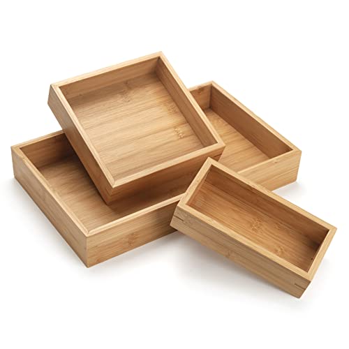 3 Pcs Bamboo Bathroom Tray, Flat Wood Basket Tray, Wooden Shallow Storage Basket, Bamboo Organizer for Bathroom, Living Room, Kitchen Countertop