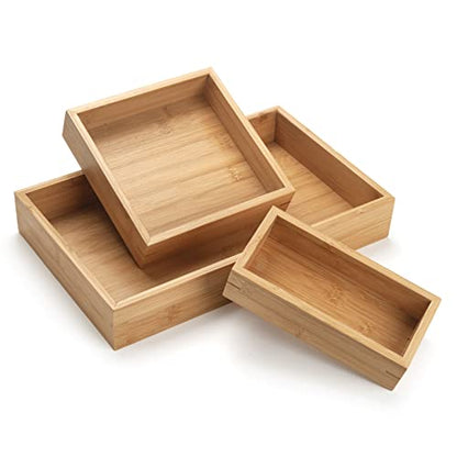 3 Pcs Bamboo Bathroom Tray, Flat Wood Basket Tray, Wooden Shallow Storage Basket, Bamboo Organizer for Bathroom, Living Room, Kitchen Countertop