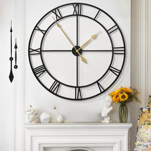 Large Wall Clock for Living Room Decor - 100cm/ 40 Inch Nearly Silent Non-Ticking Metal Wall Clocks Battery Operated, Vintage Decorative Modern Wall Clock for Bedroom, Office, Farmhouse Decor - color: Black - Roman Numerals, size: 100CM