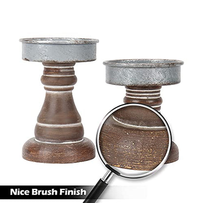 GenMous&Co. Decorative Candle Holders Pedestal Rustic Wood for Pillar Candle Farmhouse Candlestick Holder Galvanized Plate for Mantel, Dining Table, Centerpiece,Coffee Bar,Set of 2（Brown
