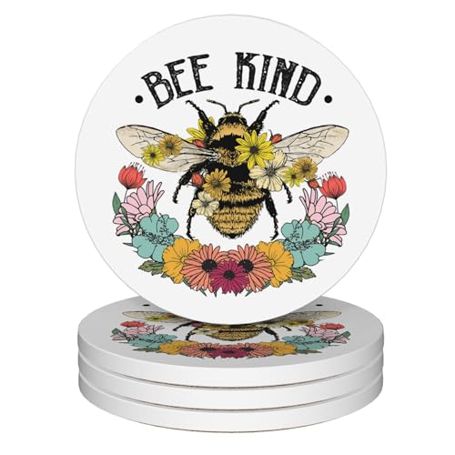 Coasters for Drinks,Bee Kind Wild Flower Absorbent Coaster Set of 4 with Cork Base,Ceramic Drink Coasters for Cold Drinks Wine Glasses Cups Mugs,Housewarming Gifts for Home Decor - color: Bee Kind Wild Flower