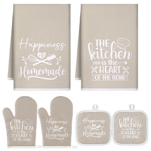 Sratte 6 Pcs Kitchen Decor Accessories Set Farmhouse Towels Pot Holders Oven Mitts Set 2 Dish Towels 2 Potholders 2 Cooking Mittens Oven Glove for Christmas Baking Cooking Supply(Beige,Kitchen) - color: Beige, style: Kitchen