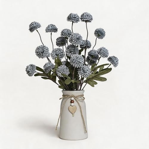 Artificial Chrysanthemum Flower Arrangement in Rustic Ceramic Vase with Heart Charm, 25 Heads Faux Pompon Mum Bouquet, 15'' Farmhouse Table Centerpiece for Dining Table, Home Décor, Blue - color: Blue