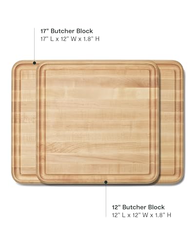 Caraway 3-Piece Prep and Serve Butcher Block Set | 17" Rectangle Cutting Board, 12" Square Cutting Board and Metal Storage Rack, Maple - color: Maple, size: Butcher Block Set