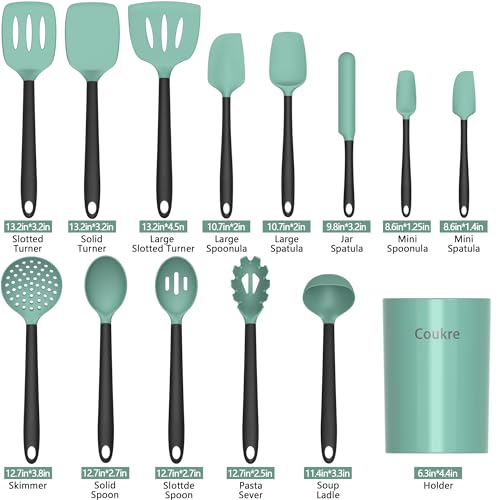 Coukre Silicone Kitchen Cooking Utensils Set, Heat Resistant, 14-Piece | Dishwasher-Safe, Food-Grade Silicone, BPA-Free, Spatulas, Spoons & Turner, Safe for Nonstick Cookware, AquaGreen - color: AquaGreen